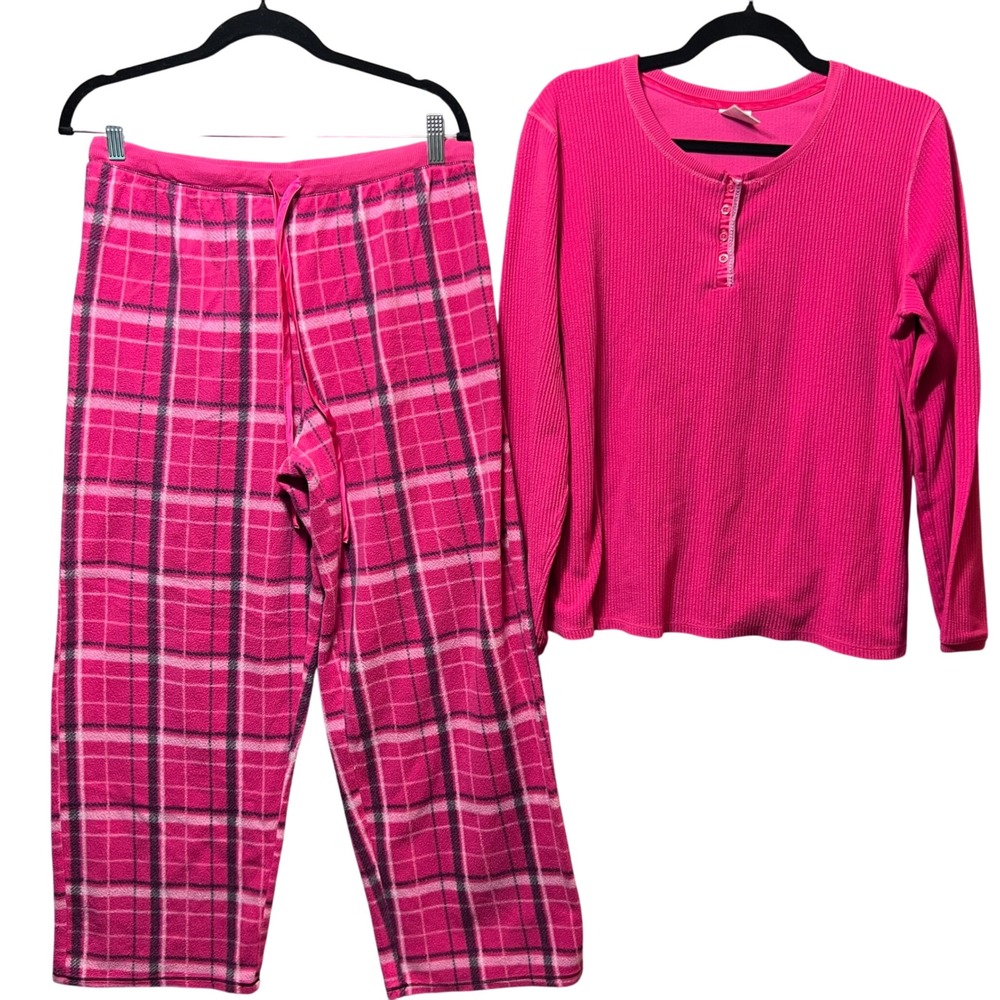 ZENista‎ Pink Plaid Fleece Pajama Set Waffle Henley Top & Pants L Long Sleeve
